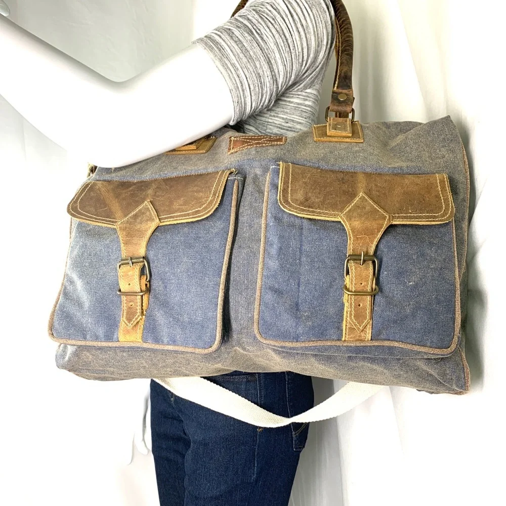 The Barrel Shack Owen Blue Canvas Large Messenger Bag Brown Leather Trim